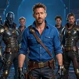 cinematic scene steampunk ryan reynolds, blue, in the style of artgerm and charlie bowater and atey ghailan and mike mignola, epic lighting, vibrant colors and hard shadows and strong rim light, very coherent, comic cover art, plain background, trending on artstation