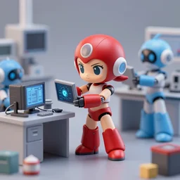 photo of figma figures inside a diorama of a laboratory : : a cute humanoid female ball - jointed long - haired robot in the style of mega man is repairing computers, with companion robots.