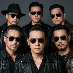 gang of 5 men, highly detailed face, gangster style photograph