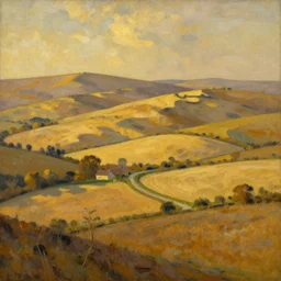 this painting captures the beauty of the countryside in all its simplicity. the rolling hills and fields are bathed in a warm, golden light, and the peaceful scene is punctuated by a few small houses and a winding road. the brushwork is loose and expressive, and the overall effect is one of serenity and calm. by joseph stella, by dora carrington, by evelyn de morgan amorphous, golden hour