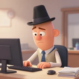 mister gone working at the office, bored, hat, bald, costume, pixar movie, 3 d, animated