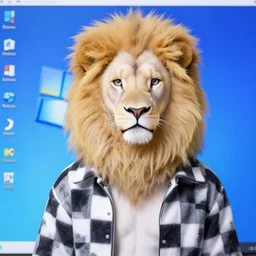 aesthetic portrait commission of a albino male furry anthro lion wearing vaporwave chequered clothing at windows xp bliss wallpaper. Character design by charlie bowater, ross tran, artgerm, and makoto shinkai, detailed, inked, western comic book art, 2021 award winning painting