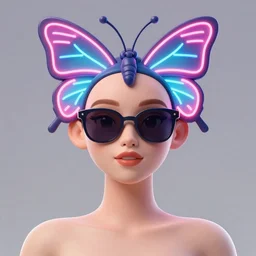 a 3 d model of an exotic beautiful woman with a neon butterfly head, dark sunglasses, perfect eyes, perfect symmetrical lips, unreal engine, cinema 4 d, intricate details, 8 k, ultra realistic, super detailed, octane, ray tracing, artstation, beeple, 3 d model