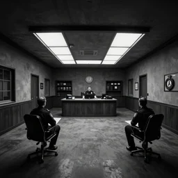 Noir police department interior, Greg Rutkowski, Frank Frazetta, Kim Jung Gi, trending on Artstation, 8K, ultra wide angle, establishing shot, pincushion lens effect, zenith view