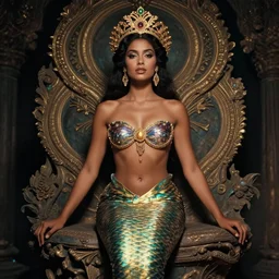 vintage portrait of modern mermaid queen, zoom, rule of thirds, atmosphere, intricate, regal, latinas, ( brown skin ), symmetrical!!, loreal, maybelline, sephora, loreal, artstation, art by michael william kaluta, ( ( cinematic ) ) concept art, filmic, vsco