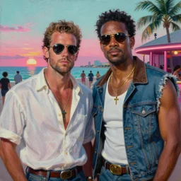 an oil painting portrait of crockett and tubbs in southbeach nightclub, eighties miami vice, ultra realistic, highly detailed, sunset, masterpiece, cinematic by greg rutkowski, frank frazetta, beeple, christian macnevin, beeple, wlop, krenz cushart, epic fantasy character art, volumetric lighting, cgsociety, pink and teal