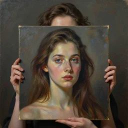 young woman holds a painting of herself, recursive, infinity, infinite loop, photograph by karsh