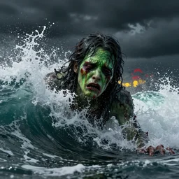 the pain is splattered on the sad monster's green face while huge waves crash against him, water sprays into the air, moody dark black sky, hints of red and yellow, fantasy, unreal engine