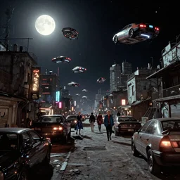 people on the futuristic dangerous streets of a Russian cyberpunk slum city called Neo Norilsk on the Moon, at night, lots of flying cars, diverse, lively, black sky full of stars, blinding sun, sci-fi, lots of flying cars, levitation, cyberpunk outfits, photorealistic, grainy, 35mm, intricate, very very beautiful, elegant, smooth, cinematic, Unreal Engine 5, by Beeple, trending on Artstation HD