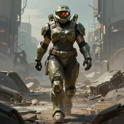 a beefy bulky female warrior walking in a cyberpunk wasteland facing the camera, mjolnir armor from halo infinite without a helmet!!!!!!!!!, intricate, female face features!!!!!!!!!!!!!!!!!!!!, 8K, octane render, Digital painting, concept art, illustration, sharp focus, centered, good value control, realistic shading, rational painting, rubber undersuit