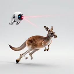 Kangaroo runs away from a flying robot orb with red lasers in a futuristic prison by Kazuo Umezu, ultra high detailed