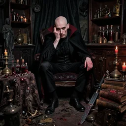 night portrait f / 1. 4 of a neurotic forty two year old british man thin vampire features feeling confidant in a cluttered dark room full of ancient dusty artifacts ( ( ( bald ) ) ) tables vials of blood dark statues runes shelves magical instruments drapery arcane tools jewels graffiti candlesticks ritual bloody knife books, atmospheric hdr vivid color