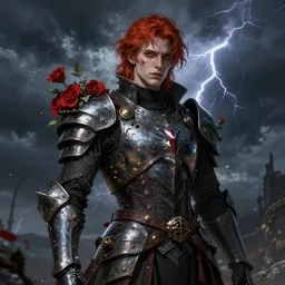 portrait of beautiful gothic young man, thunderstorm, cyber armor, a lot of scars, more and more flowers, red head, the middle ages, highly detailed, artstation, illustration, art by jean delville, 8 k quality, art by greg gandy