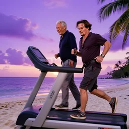 morgan freeman and johnny depp running on a treadmill on a tropical island purple with a sunset, 4k hyperrealistic