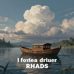a closup Lake with a fantasy boat serene puffy cloudy sky, Digital Matte Illustration by RHADS and asher brown durand