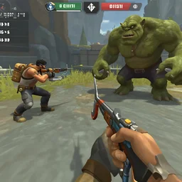 a screenshot of a pudge inside a counter strike game, the pudge is holding a hook, the pudge is aiming at ogre magi