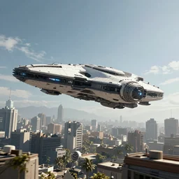 big spaceship flying over city, ground view, highly detailed, epic, render, unreal engine, cyberpunk style