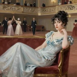 a beautiful painting of edwardian eva green lounging in a ballroom, art by christophe vacher