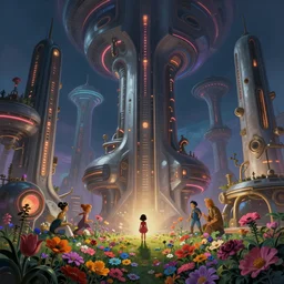beautiful low angle painting of an alien world with sleek architecture, steampunk, ground made of multicolour flowers, neon lights, a tiny girl watching on, in the style of don bluth, giorgio vasari, andrea pozzo, elegant, highly detailed, digital painting, artstation, cinematic lighting, glowing light and shadows, trending on artstation, octane render
