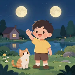 portrait of a a cute boy waving his hand, his cat sits alongside, dreamy moonlit nightscape by the garden, lake house, smooth, matte colors, trending on artstation, 4 k, 8 k