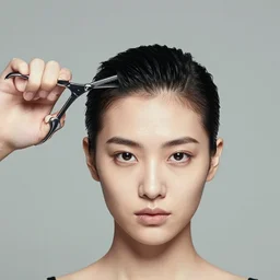 a studio close - up portrait of a hand with scissors giving a haircut to a beautiful fashion model. surreal photograph, lo - fi, polished look, silly and serious, hermes ad, fashion photography, toiletpaper magazine by pierpaolo ferrari and maurizio cattelan, 3 5 mm photograph, colourful, by pierpaolo ferrari, maurizio cattelan, david lachapelle