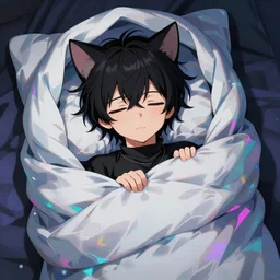 anime cat boy dressed in black inside a sleeping bag, psychedelic, highly detailed upper body, professionally post - processed, beautiful, epic, anime masterpiece, ilya