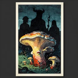 ancient beings, by gediminas pranckevicius, by hasui kawase, dark shadows, woodblock, split - complementary - colors, tremella - mesenterica, poster, polished, discovering, by james gilleard