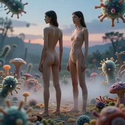 2 0 skinny male and female super models contouring in an bacterial and fungal biodiversities landscape, dusk light, atmospheric dusk and vapour swirl, full colour, hyper realistic photo, chiaroscuro, shallow depth of field, volumetric lighting, upscale, 8 k, masterpiece,