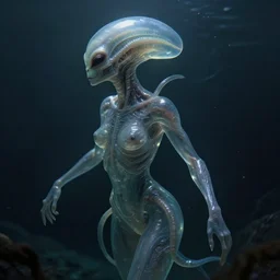 ultra realistic horror photo of a dimly lit translucent female alien creature underwater, very intricate details, focus, full frame image, curvy, model pose, artwork by anna dittmann and greg rutkowski, award winning