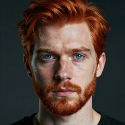Realistic portrait red-haired of a male 25-25 years old in cyberpunk style, dirty blue eyes with flicking, triangular eyebrows, hipster beard, realism 8K, photo