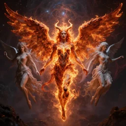angelic fiery satanic seraphim, infinite dream of all mystical human fractal consciousness experiencing itself subjectively, transcendent, Gunther von Hagens, highly detailed, cinematic, dramatic, sublime