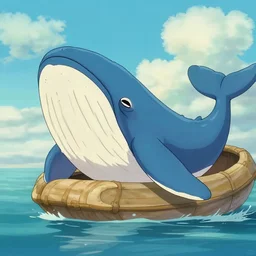 A happy blue whale on a raft, ghibli, anime