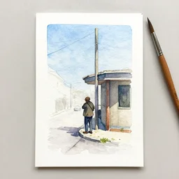 small centered on watercolor paper, paint brush strokes, abstract watercolor painting of old rugged poor man at street corner, daylight, blue sky, cinematic light, national romanticism by hans dahl, by jesper ejsing, by anders zorn, by greg rutkowski, by greg manchess, by tyler edlin
