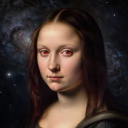 a pretty android girl in a mesmerizing space scene, a galaxy as a background, precise linework, accurate red eyes, beautiful smooth oval head, expressive emotions, hyper realistic ultrafine portrait by artemisia gentileschi, jessica rossier, greg rutkowski, artgerm