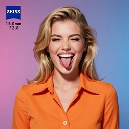 portrait of a playful winking and smiling with tongue out beautiful young female model with blond hair, in 7 0 s bright fashion orange style, studio lighting, advertising, dramatic colorful lighting, zeiss 1 5 0 mm f 2. 8 hasselblad, award - winning photo