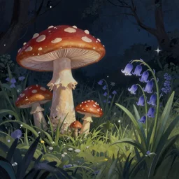 beautiful dark wonderland at night with mushrooms and grassy magic drooping bluebell flowers Digital Matte Illustration by Lisa Frank