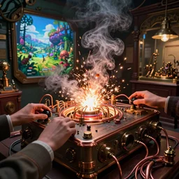 A glowing electrical Steampunk videogame console with hand controllers in a victorian museum, james gurney, cinematic lighting, lots of steam and sparks, wires made of copper, artstation, vibrant nature, Tuomas Korpi, tekkon kinreet, volumetric light, artstation, , octane render, redshift render, low angle camera, rich deep moody colors