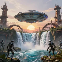 alien spacecraft hovering over beautiful pool waterfalls surrounded by alien robots, steel archways with sparks flying off, industrial buildings, rusty metal towers, sun setting, ross tran, fantasy, james jean, peter morbacher, angelarium, alchemy, luxury, heavenly light, soft illumination, trending on artstation, cinematic lighting, digital painting, octane render