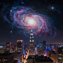 A city in Space Astronomy cosmic color scheme looking into the universe