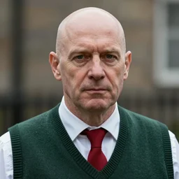 photo portrait of a bald middle aged british man, wearing a white collared shirt a dark - green sweater vest and a red tie, realistic, hyperrealistic, 8 k resolution, hd quality, very detailed, highly detailed, intricate details, real life, real world, trending on artstation, digital art, really realistic, very realistic, headshot, head in frame, photograph, portrait, head in frame