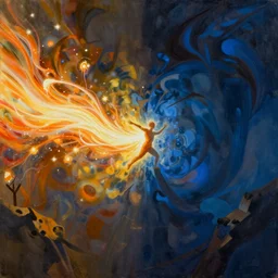 a bright energy stream flowing left to right. it flows through a figure in the center who takes control. | painting by craig mullins. the composition and color are different on the left and right sides