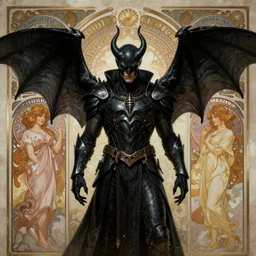 majestic satanic bat wing black armored evil man movie poster, art style by edmund leighton, tom bagshaw, alphonse mucha, exquisite digital art, haunting, masterpiece, organic painting, photorealistic, ornate and hyper detailed