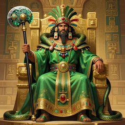 full figure, fantasy aztec king, snake cape and help, squared beard, far, richly dressed in cerimonial cloths, armed with an obsidian mace, character portrait, d & d, jeweled, in front of an aztech decorated throne background, by greg rutkowski and alphonse mucha, d & d character, gradient green to gold, highly detailed portrait, digital