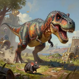 t - rex chasing a small rat in team fortress 2 style, detailed painting, intricate, fantasy, by jakub rozalski and artgerm