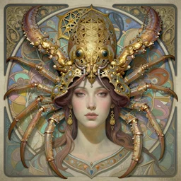 hyperrealistic detailed face portrait of the beautiful goddess of the giant isopods with an intricate golden ornamental geometrical fractal giant isopod masked headdress, art by ernst haeckel, john william godward, android jones, alphonso mucha, h. r. giger, gothic - cyberpunk, ornamental, dimmed pastel colours,