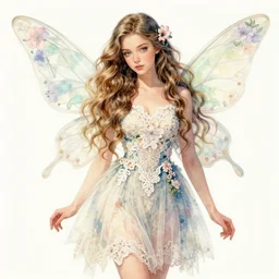 study of a flower fairy, long wavy hair, wearing alexander mcqueen dress, lace detail, tulle, illustration, watercolor, alan lee, detailed, pretty, ethereal, realistic, artstation,