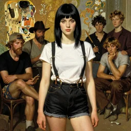 a woman with black hair and long pixie haircut in shorts with suspenders and white t-shirt drawn by frank frazetta, gustave caillebotte, Alexandre Cabanel, norman rockwell, ralph bakshi, maler collier, peter paul rubens, alphonse mucha, gustav klimt 4k, unreal 5, DAZ, french noveau, trending on artstation, octane render, hyperrealistic
