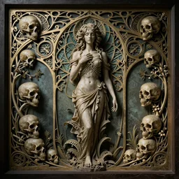 detailed realistic memento mori by cameron gray, gothic ornament, skulls, bones, art nouveau, neogothic, ornate art nouveau botanicals, horizontal symmetry