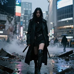 dark hair girl dressed by rick owens walking through the remnants of destroyed shibuya, raining, cinematic lights, octane render, 4k, highly detailed, glows, smoke