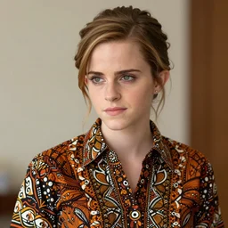 a portrait of Emma Watson wearing batik dress, by Charlotte Grimm, natural light, detailed face, CANON Eos C300, ƒ1.8, 35mm, 8K, medium-format print